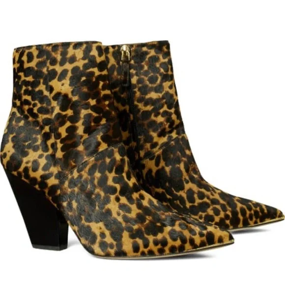 Tory Burch Leather Genuine Calf Hair Leopard Print Lila Pointed Toe Ankle Bootie - Picture 5 of 15